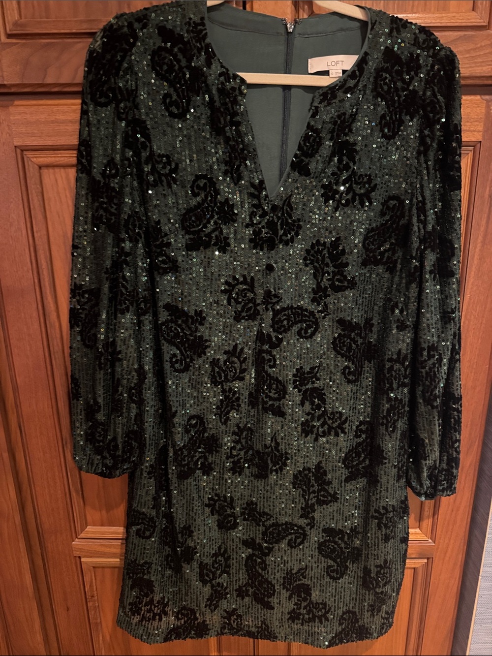 LOFT Dark Green Velvet Sequin Long-Sleeve Shift Dress